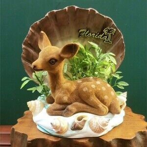 Vintage Florida Souvenir Seashell Diorama With Deer Faun 5.5"x5.5"x5"